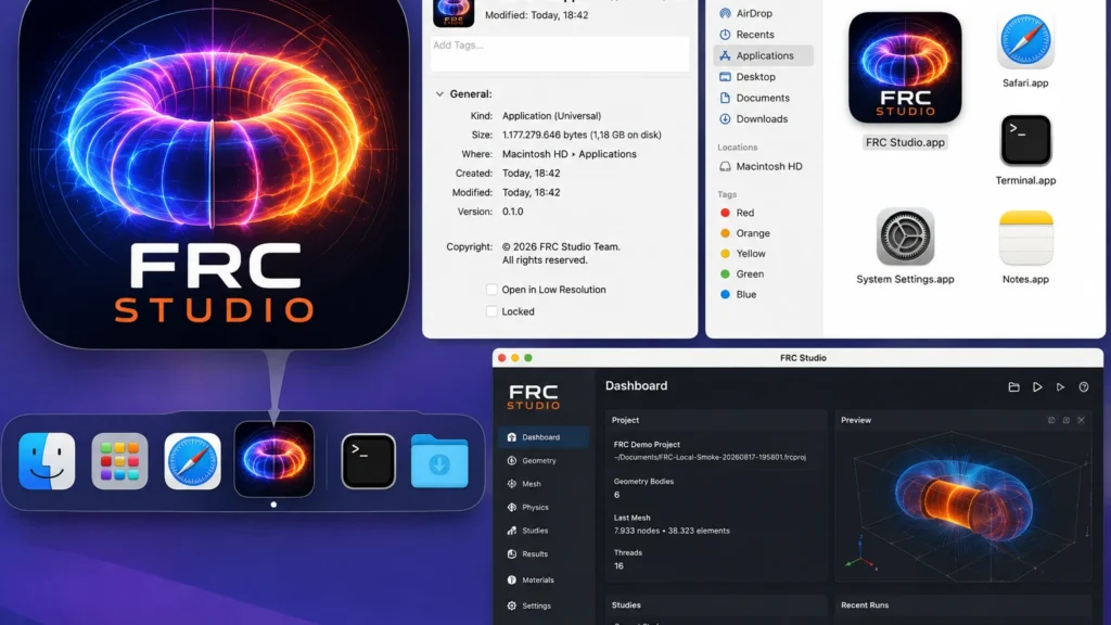 FRC Studio macOS application, geometry preview and electromagnetic study dashboard